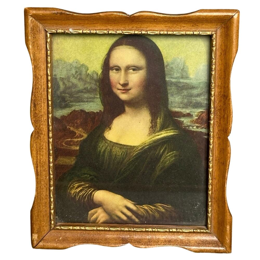 Vintage 1950s Mona Lisa framed print ornate wood frame Chicago miniature art 5x6